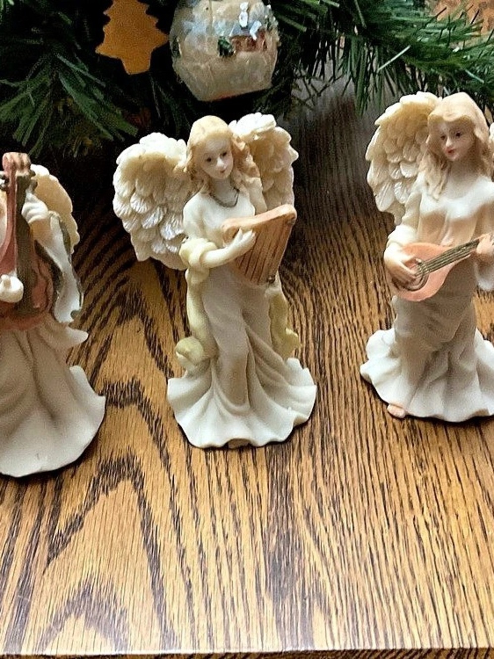 SHELF 3-Set of 3 White & Pink Angel Holiday Ornaments Playing instruments